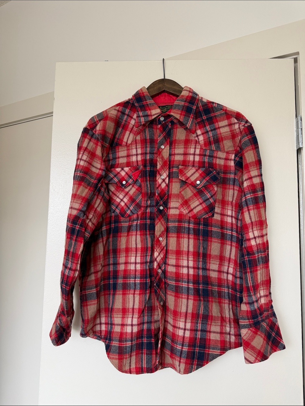 Vintage Washable Wool Red and Navy Plaid Button-Down Shirt